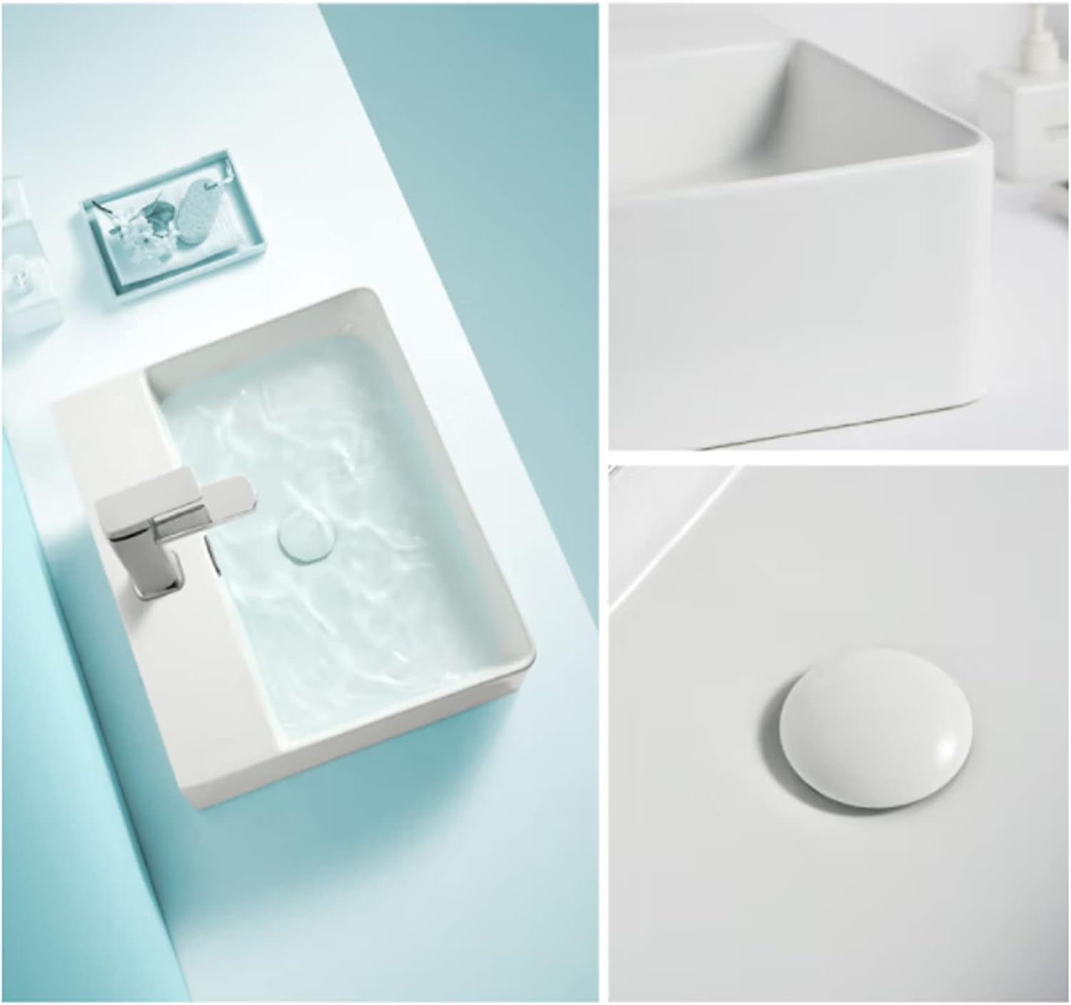 ZR98US White Rectangular Ceramic Basin, Porcelain Sink with 49.8cm x 43cm Countertop Combi Faucet, Small Ceramic Sink for Bathroom, Hotel, Bar