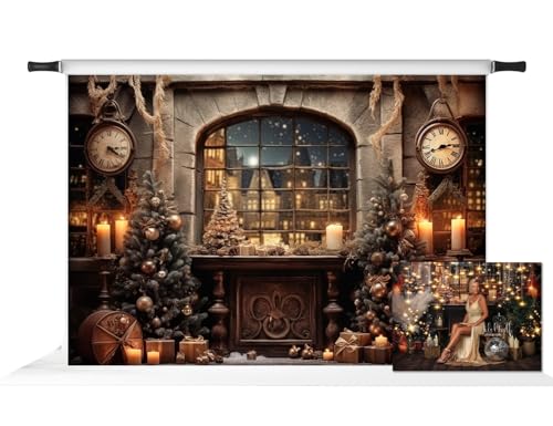 Toile de fond Noël 2,1 x 1,5 m Kate anti-reflet motif sapin et horloge de nuit