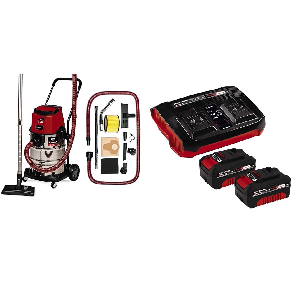 Einhell TP-VC 36/30 S Auto - Solo, Akülü Islak/Kuru Süpürge ve Einhell 18V 2x4,0 Ah PXC Twincharger Kit, Akü & Şarj Cihazı