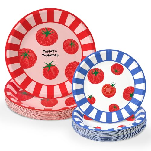 AnyDesign Tomato Paper Plates Red Blue Striped Fruit Disposable Plates 7 Inch and 9 Inch Decorative Dessert Plate for Italian Summer Baby Shower Birthday Party Decor Supplies, 48 Pcs
