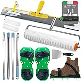 VKE Kit di Strumenti Autolivellante per Pavimenti, Rullo Frangibolle 11 mm, Scarpe Chiodate per Prato 30 mm, Spatola Autolivellantein, Asta Telescopica 162 cm (con Rullo Pittura e Spatole per Stucco)