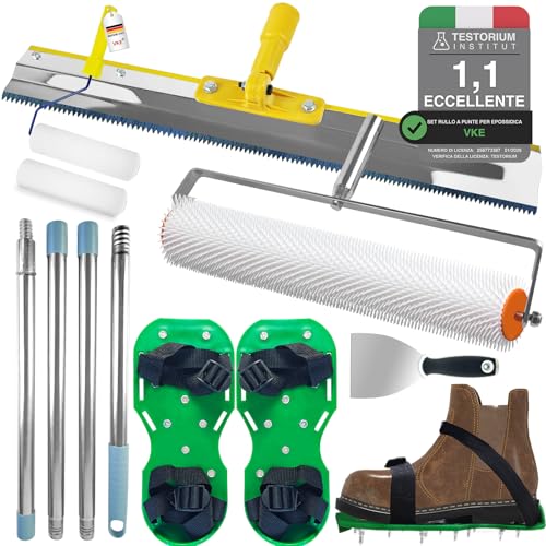 VKE Kit di Strumenti Autolivellante per Pavimenti, Rullo Frangibolle 11 mm, Scarpe Chiodate per Prato 30 mm, Spatola Autolivellantein, Asta Telescopica 162 cm (con Rullo Pittura e Spatole per Stucco)