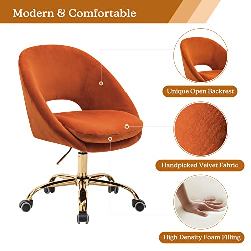 Tina's Home Modern Velvet Office Chair With With Adjustable Swivel, Comfy Upholstered Desk Chair With Open Back, Small Cute Chair For Living Room Study Vanity, Orange #TOP2