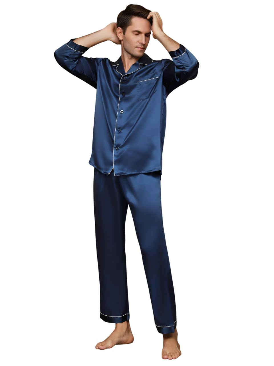 Satin Pajamas Set, Long Sleeve Satin Pajamas for Men Sleepwear Button Down Pjs Set Night Suit Night Dress for Men-picture-23