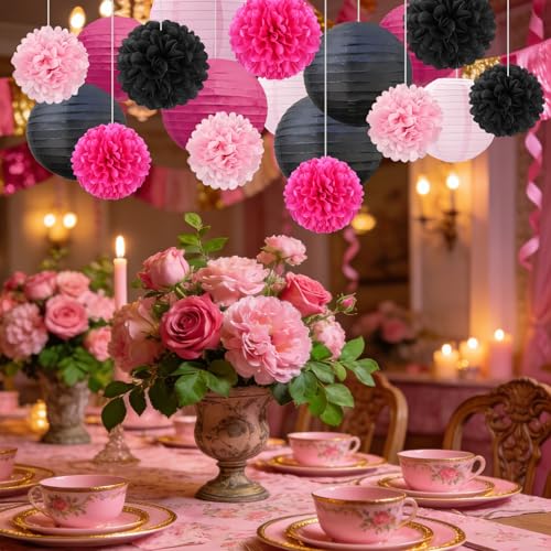 Image of 18 PCS Black Pink Paper Lanterns & Tissue Paper Pom Poms for Girls Birthday, Baby Shower, Wedding, Bridal Shower, Hanging Paper Decor for Indoor Outdoor Events Party Supplies