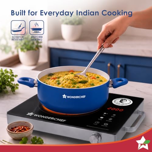 Image of Wonderchef Natura Ceramic Casserole & Glass Lid for Cooking, 24cm, 4.5L, Non-Toxic Chemical-Free Coating, PFOA /PFAS-Free, Scratch-Resistant, Gas & Induction Compatible, 2-Yr Warranty, Teal Blue