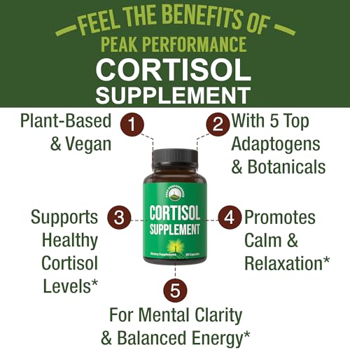 5-in-1 Cortisol Supplement for Women & Men. Lower High Cortisol with Ashwagandha, Rhodiola Rosea, L-Theanine, Phosphatidylserine, Magnolia Bark. Calm Relaxation, Balanced Energy, Vegan Supplements