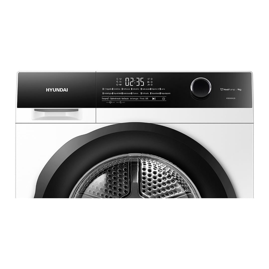 Hyundai Secadora Bomba Calor 9 Kg, Carga Frontal, Blanco, HSB900A2D. 700W, 14 Programas, Función Antiarrugas, Función Antiarrugas, Tambor Waterdrop, Eficiencia Energética Clase A++