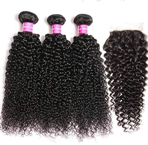 QinMei 10A Brazilian Virgin Curly Hair 3 Bundles With Closure (10 12 14+10) Free Part 100% Unprocessed Brazilian Kinky Jerry Curly 4x4 Lace Closure With Human Hair Bundles Curly Hair Extensions