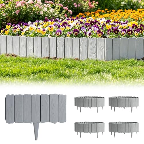 Image of Garden Borders Edging 5.7m/18.7ft Flexible Garden Edging Wood Effect Garden Fence for Lawn, Flower Beds, Patio & Pavement - Easy Install border, No Digging, Weather-Resistant Plastic (Grey)