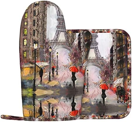 Rainy Street in Paris Printed Oven Mitts and Pot Holders Sets Non-Slip Anti-Scalding Glove Mitt for Cooking Kitchen Mitt Potholders 2 Piece Set