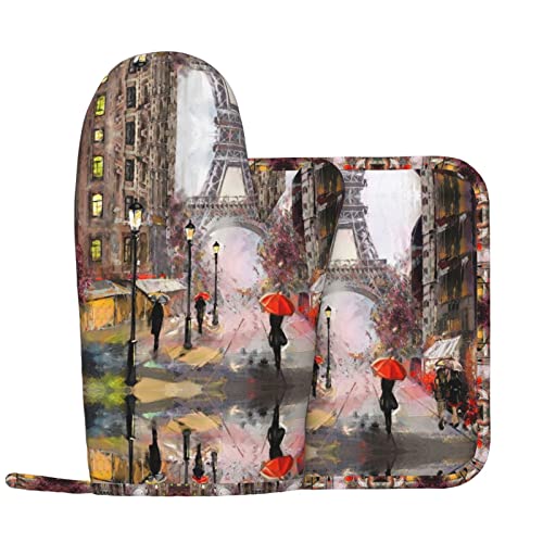 Rainy Street In Paris Printed Oven Mitts And Pot Holders Sets Non-Slip Anti-Scalding Glove Mitt For Cooking Kitchen Mitt Potholders 2 Piece Set #TOP2