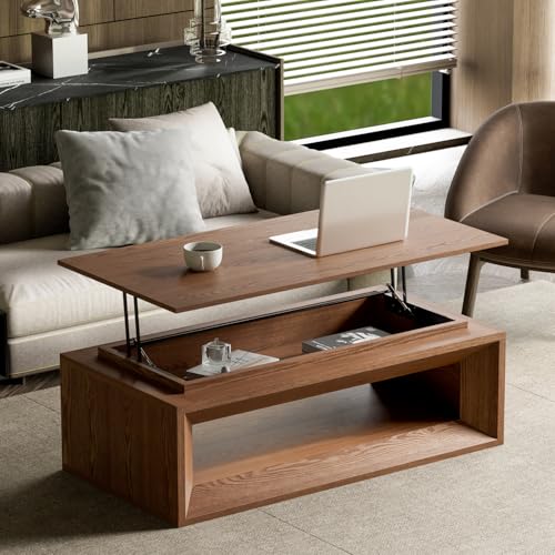 43.3'' Lift Top Rectangle Coffee Table with Storage, Modern Wood Veneer MDF Coffee Table with Floating Tabletop, Convertible Rising Tabletop for Living Room, Home Office, Walnut
