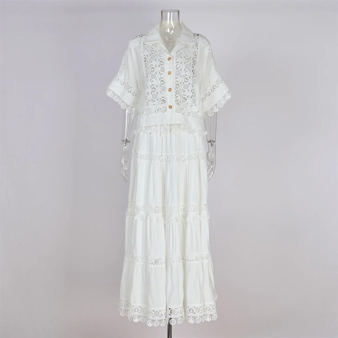 Chemise courte d'été pour femmes jupes maxi costumes dentelle brodée évider robe longue ensemble deux pièces