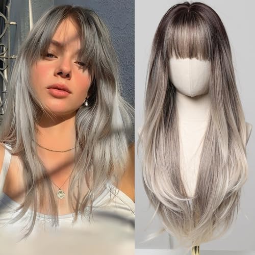 Long Straight Layers Ombre Grey Real Hair Wigs for Women, Tangle Free Capless Breathable Wigs Human Hair Daily and Party Use