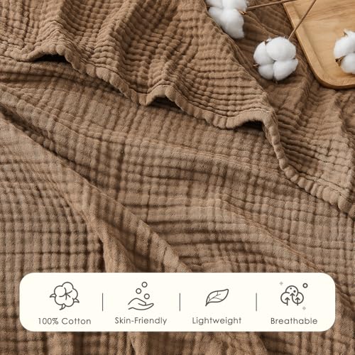 EMME Cotton Muslin King Blanket Bed Layering Breathable Gauze Blanket Soft Lightweight Blankets Adults (Brown, 108"x90")
