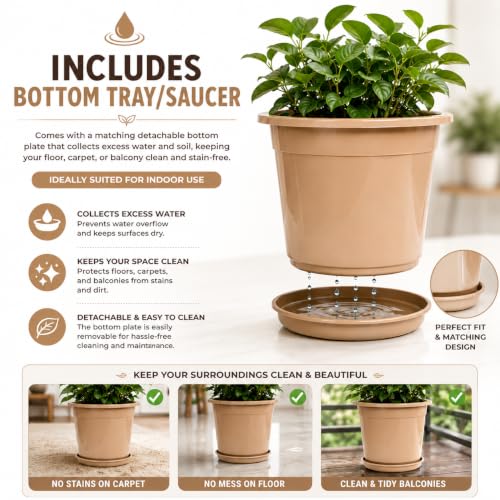 Image of 12 Inch Glossy Dune Beige Plastic Planter with Bottom Plate | Heavy Duty Flower Pot with Tray for Indoor Home Decor, Balcony, Living Room & Outdoor Garden (10 Pot, Dune Beige)
