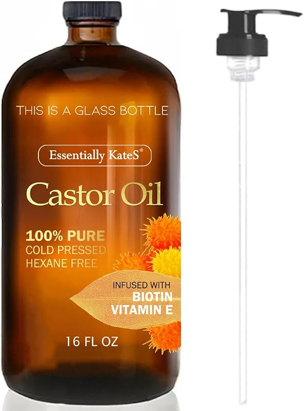 Essentially KateS Óleo de Rícino com Biotina e Vitamina E, Frasco de Vidro com Bomba, 473 mL
