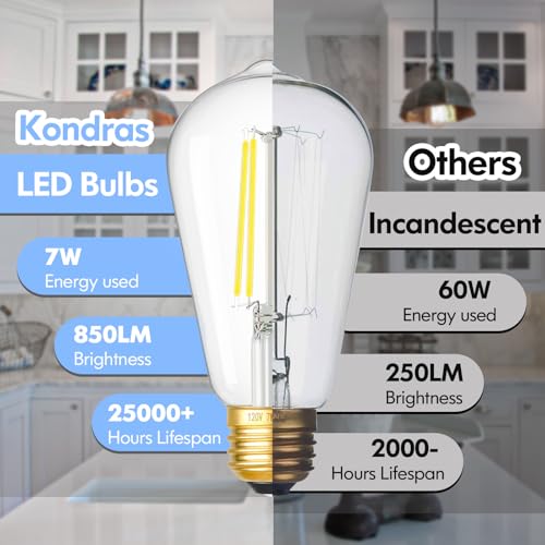 Image of 6-Pack 7W Dimmable LED Light Bulbs, 60Watt Equivalent Edison Bulbs, 850LM Ultra Bright LED Bulbs, 5000K Daylight White, ST58 Vintage Antique Bulbs, E26 Medium Base, CRI90+, Clear Glass, No-Flicker