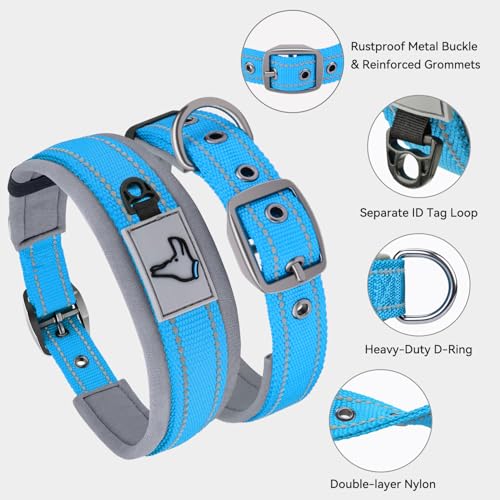 Image of Joytale Dog Collar for Large Dogs, Neoprene Padded and Adjustable, Reflective Wide Heavy Duty Pet Collars with Durable Metal Belt Buckle for Walking, Sky Blue, L