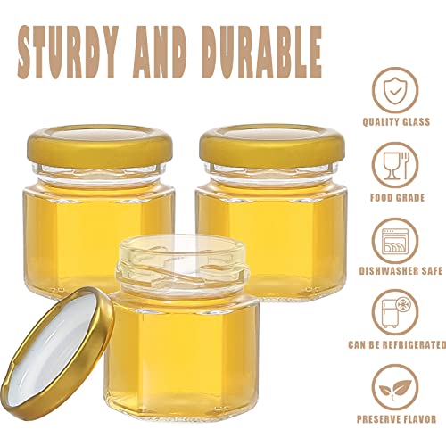 CRTWDMAN 60 Pack Mini Honey Jars,1.5 oz Glass Honey Jars with Metal Lids,Wooden Dippers,Bee Charms,Jutes,Stickers,Small Honey Jars,Tiny Honey Pot for Baby Shower Wedding Party Favors