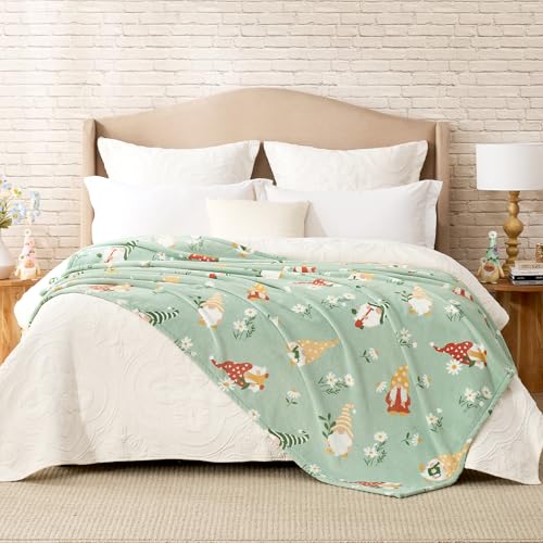 Cozy Bliss Gnome Spring Throw Blanket - Garden Daisy Floral Design Warm MilkyPlush Throw Blankets Ultra Soft Cozy Blankets for Couch Sofa and Bed Green 60X80inches