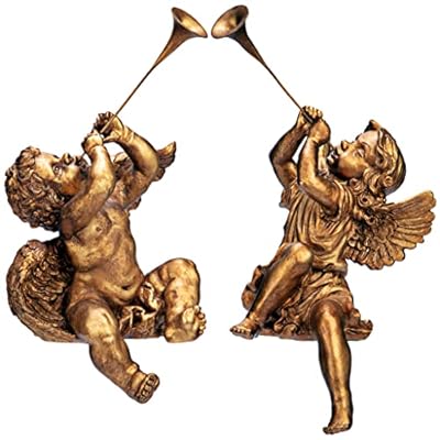 Design Toscano Christmas Decorations-Trumpeting Boy and Girl of St. Peters Square-Holiday Angel Statue, Set of 2, Gold, 2 Count