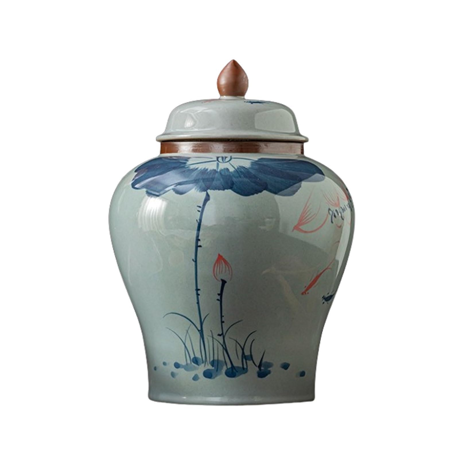 Temple Jar Hand-Painted Lotus Fish Ceramic Ginger Jar with Lid,Vintage Chinese Porcelain Storage Jar,Rustic Oriental Decorative Jar Vase