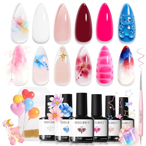 Image of Modelones Gel Nail Polish Set -6 Colors 2026 Summer Hot Pink Blue Milky White Clear Blooming Gel Polish Burgundy Nude French Jelly Nail Gel Polish DIY Gift with Golden Beads & Nail Dotting-Liner Brush