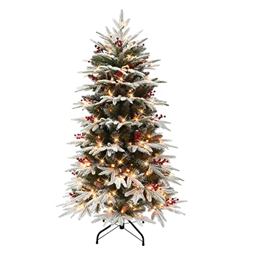 4.5 ft Pre-lit Slim Flocked Halifax Fir Tree, 985 Tips, 200 UL Clear Incandescent Lights, Pine Cones & Red Berries
