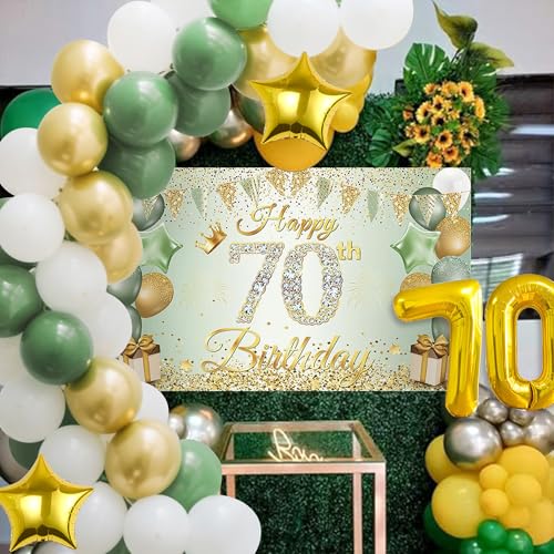 Décoration 70e anniversaire femme vert sauge et or pour fête de 70 ans
