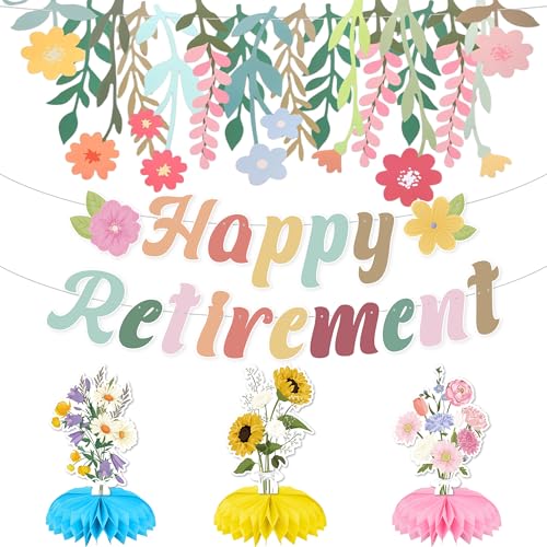 Floral Happy Retirement Decorations for Women - Pastel Wildflower Banner Garland with Table Honeycomb Centerpieces, Spring Garden Theme Retired Party Supplies