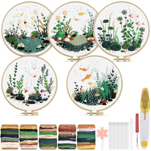 Image of TINDTOP 5 Pack Embroidery Kit for Adult, Embroidery DIY Starter Kit | with Fish World Stamped Patterns, Hoop, Tools, Colorful Threads with Needles, Instructions