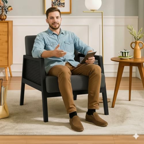 Image of Solid Sheesham Wood Arm Chair with Cushion || Cane Chairs for Balcony || Wooden Armrest Chair Garden Chairs Outdoor || Dining Chair for Living Room Furniture Modern Accent Chair Walnut