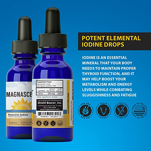 Magnascent High Potency 2% Nascent Iodine Supplement - Supports Thyroid Health, Liquid Formula, Non-Gmo, Gluten-Free, Vegan, Glass Bottle With Dropper, 1 Oz #TOP1