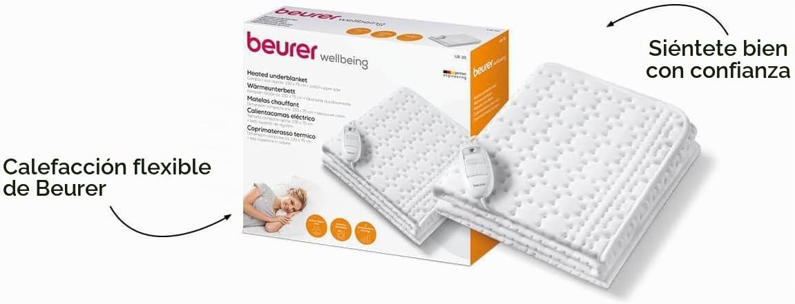 Beurer Almohadilla térmica UB 30, con 3 niveles de temperatura y protección contra sobrecalentamiento, almohadilla térmica acogedora, parte superior de algodón suave y esponjoso, lavable a máquina | Protección contra sobrecalentamiento, almohadilla térmic