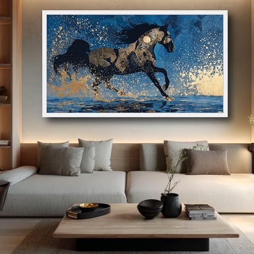 Art abstrait équestre doré et tableau majestueux cheval noir