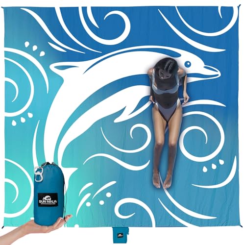 Image of SUN NINJA Sand Free Beach Blanket, Sandproof Beach Mat, 10ft x 9ft, Dolphin