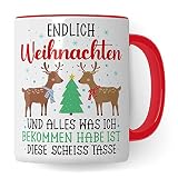 Tasse de Noël cadeau tasse à café idée cadeau humour tasse de Noël sarcasme tasse à café amusant article cadeau enfin Noël tout ce que je reçois est cette tasse merdique (blanc/rouge)