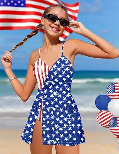 Image of Oranchids Girls Bathing Suits Size 8-10 Girls 4th of July Swimsuit One Piece Swimsuits American Flag Patriotic Swimsuit V Neck Swim Dress