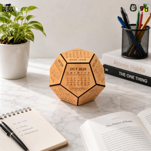 Image of Gift Kya De 2026 Wooden Pentagon Desk Calendar | Premium 3D Big Size Table Calendar | Bamboo Wood Eco-Friendly Office Desk Decor | Unique Corporate Gift | Made in India (8x8 inch big size)