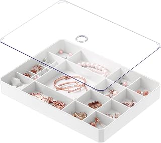 Dalanpa Stackable Jewelry Organizer, Jewelry Organizer with TransparentLid, Simple Jewelry Box for Drawer, Dresser - Holds Necklaces, Bracelets, Bangles, Rings, Earrings - White