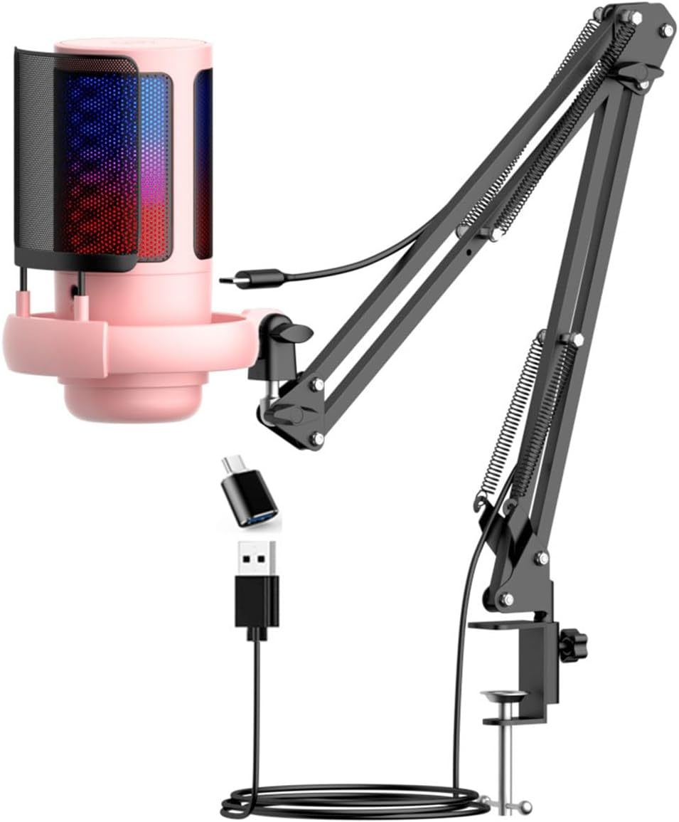 RGB Gaming Microphone for PS4/5 PC & MAC,w/Boom Arm,Pop Filter,Mute,Monitoring,192kHz/24Bit Noise Cancellation Condenser Gamer Podcast Recording Microphone for Streaming Twitch,Discord,YouTube (Pink)
