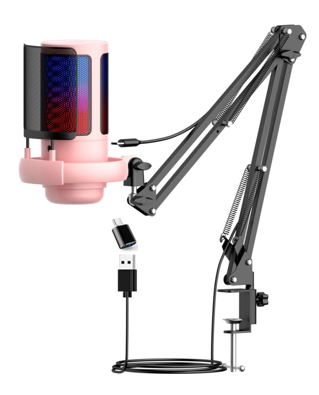 RGB Gaming Microphone for PS4/5 PC & MAC,w/Boom Arm,Pop Filter,Mute,Monitoring,192kHz/24Bit Noise Cancellation Condenser Gamer Podcast Recording Microphone for Streaming Twitch,Discord,YouTube (Pink)