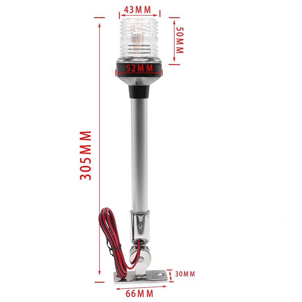 KAOLALI Luz de Navegación para Barcos Yates LED Lámpara Todo Redondo 360° Blanco Puro 12V/24V Ajustable 30,48 cm