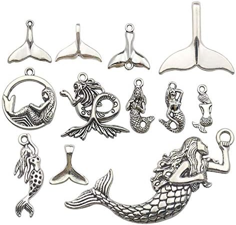 Youdiyla 48pcs Mermaid Charms Collection, Antique Silver Tone, Mermaid Tail Charms Metal Pendant Craft Supplies Findings for Necklace and Bracelet Jewelry Making(HM134)