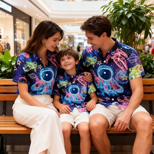 Image of uideazone Big Boys Funky Astronaut Shirts 3D Neon Space Printing Button Down Shirts UFO Short Sleeve Unqiue Blouse Beach Style Summer Wear Tops Size 13 Size 14