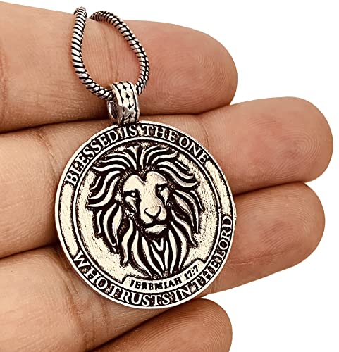 Bible Verse & Lion Pendant For Men & Boys Locket Necklaces - Blessed Is The One Who Trusts In The Lord | Christian Faith Religious Gifts Jewelry For Girls & Women (Rustic Silver) #TOP2