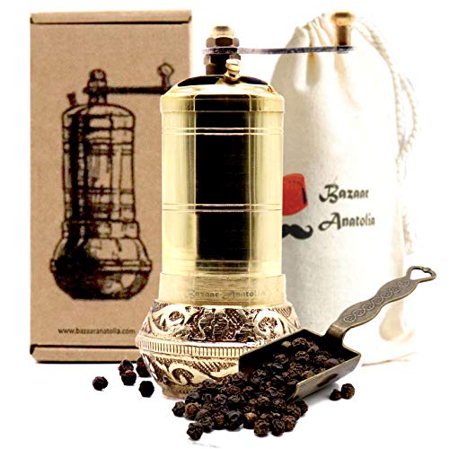 Bazaar Anatolia Brass Pepper Mill with Steel Mechanism Pepper Grinder, Spice Grinder 4.4
