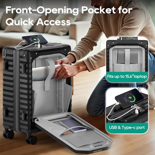 Image of Joyway 20 Inch Carry on Luggage with Front Pocket, PC Hardshell Carry-on Suitcase with USB Port and Cup Holder, 21.5x14.2x9 Airline Approved, Luggage with Spinner Wheels and TSA Lock (Black)